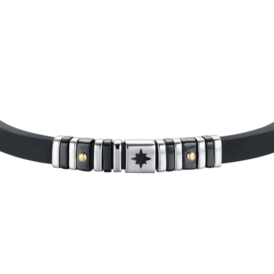 BRACCIALE UOMO SILICONE NERO CON ELEMENTI IN ACCIAIO E IP NERO E ROSA DEI VENTI