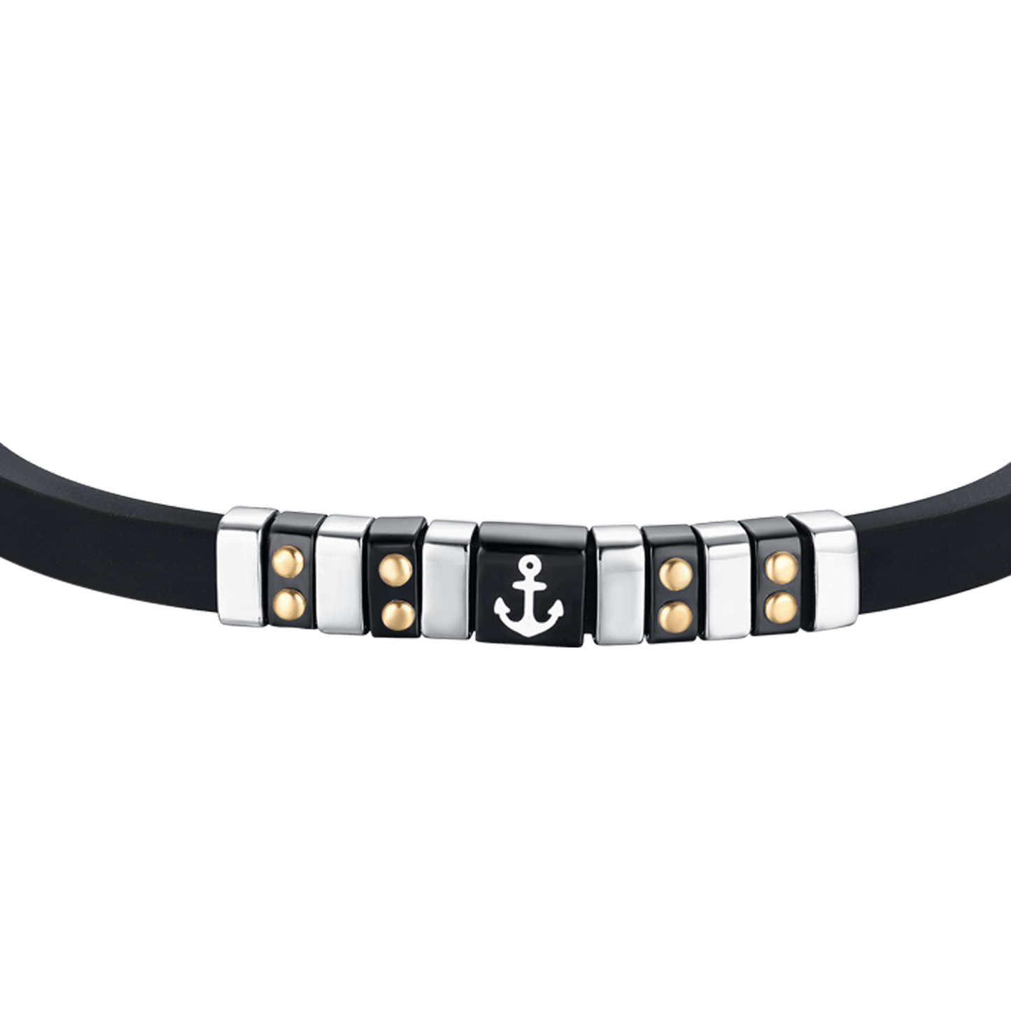 BRACCIALE UOMO SILICONE NERO CON ELEMENTI IN ACCIAIO, IP NERO E GOLD CON ANCORA