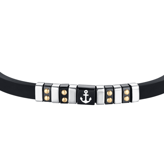 BRACCIALE UOMO SILICONE NERO CON ELEMENTI IN ACCIAIO, IP NERO E GOLD CON ANCORA