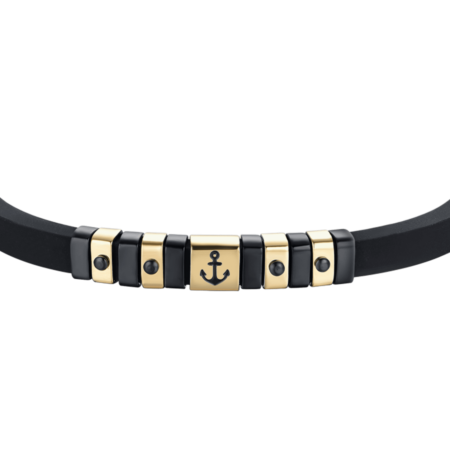 BRACCIALE UOMO SILICONE NERO CON ELEMENTI IN ACCIAIO IP GOLD E NERO CON ANCORA