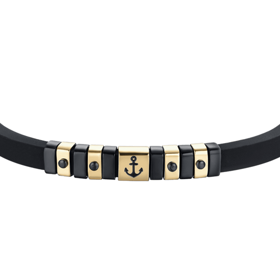 BRACCIALE UOMO SILICONE NERO CON ELEMENTI IN ACCIAIO IP GOLD E NERO CON ANCORA