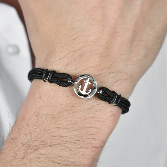 BRACCIALE UOMO IN CORDA NERA CON ANCORA CON SMALTO NERO Luca Barra