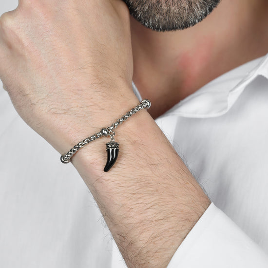 BRACCIALE UOMO IN ACCIAIO CON CORNO CON SMALTO NERO Luca Barra