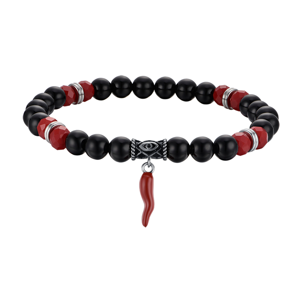 BRACCIALE UOMO ELASTICO CON PIETRE NERE E ROSSE E CORNO ROSSO Luca Barra