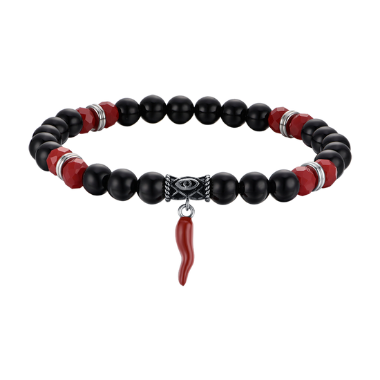 BRACCIALE UOMO ELASTICO CON PIETRE NERE E ROSSE E CORNO ROSSO Luca Barra