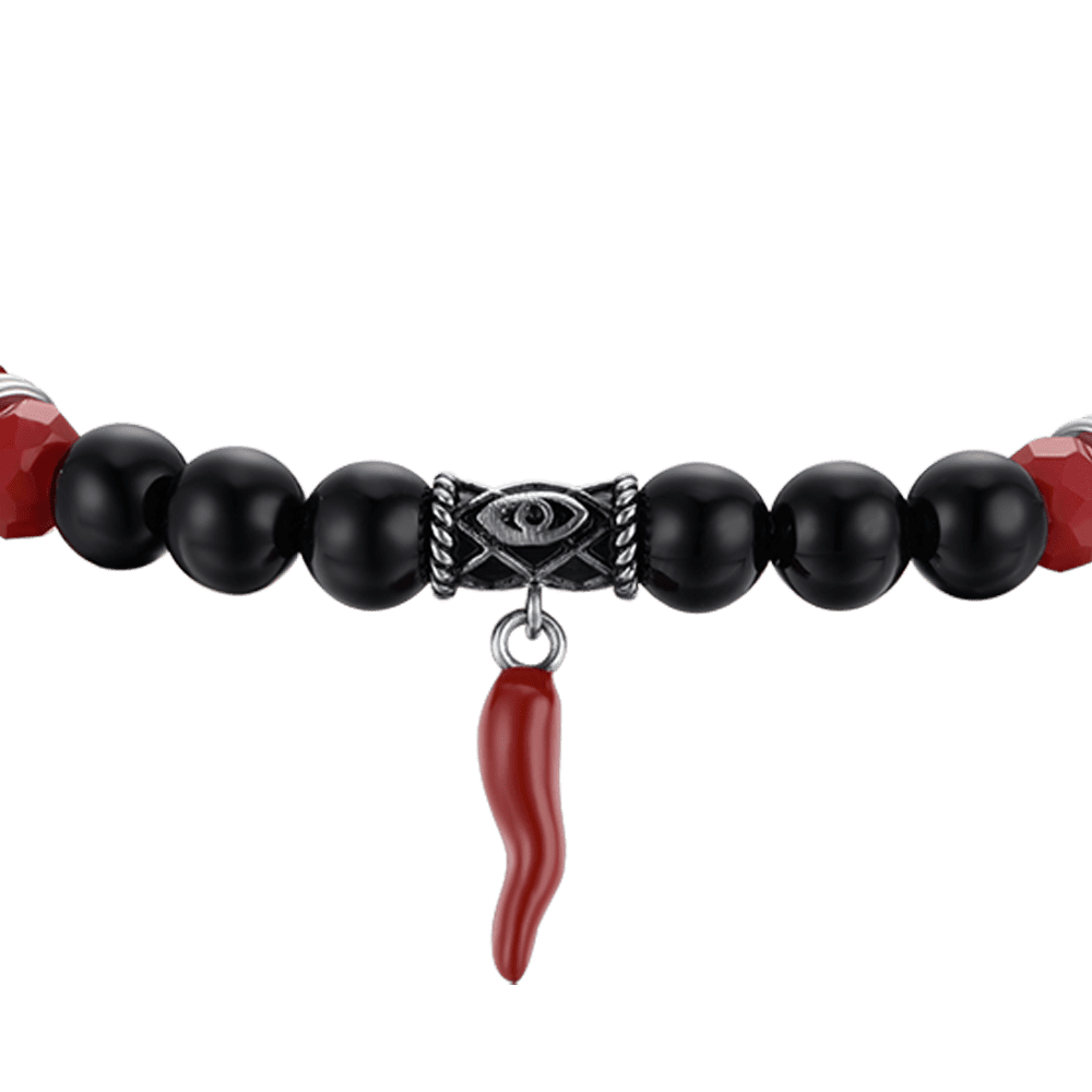 BRACCIALE UOMO ELASTICO CON PIETRE NERE E ROSSE E CORNO ROSSO
