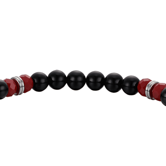 BRACCIALE UOMO ELASTICO CON PIETRE NERE E ROSSE E CORNO ROSSO