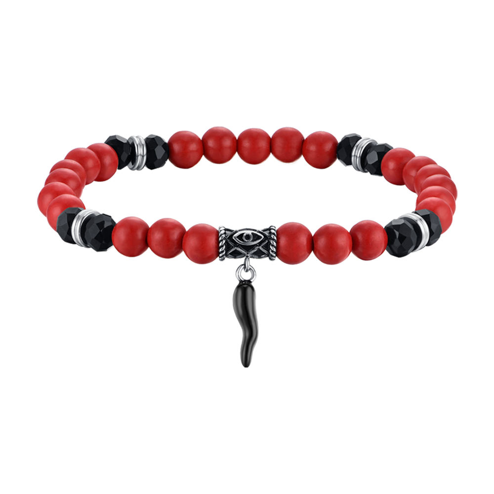 BRACCIALE UOMO ELASTICO CON PIETRE ROSSE E NERE E CORNO NERO Luca Barra