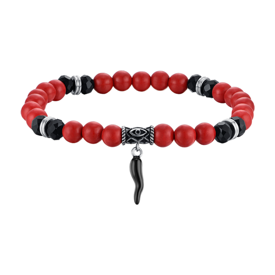 BRACCIALE UOMO ELASTICO CON PIETRE ROSSE E NERE E CORNO NERO Luca Barra