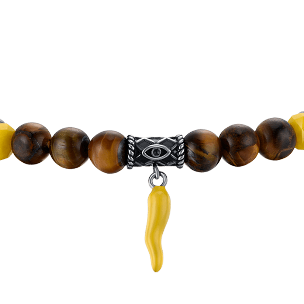 BRACCIALE UOMO ELASTICO CON PIETRE OCCHIO DI TIGRE E GIALLE E CORNO GIALLO