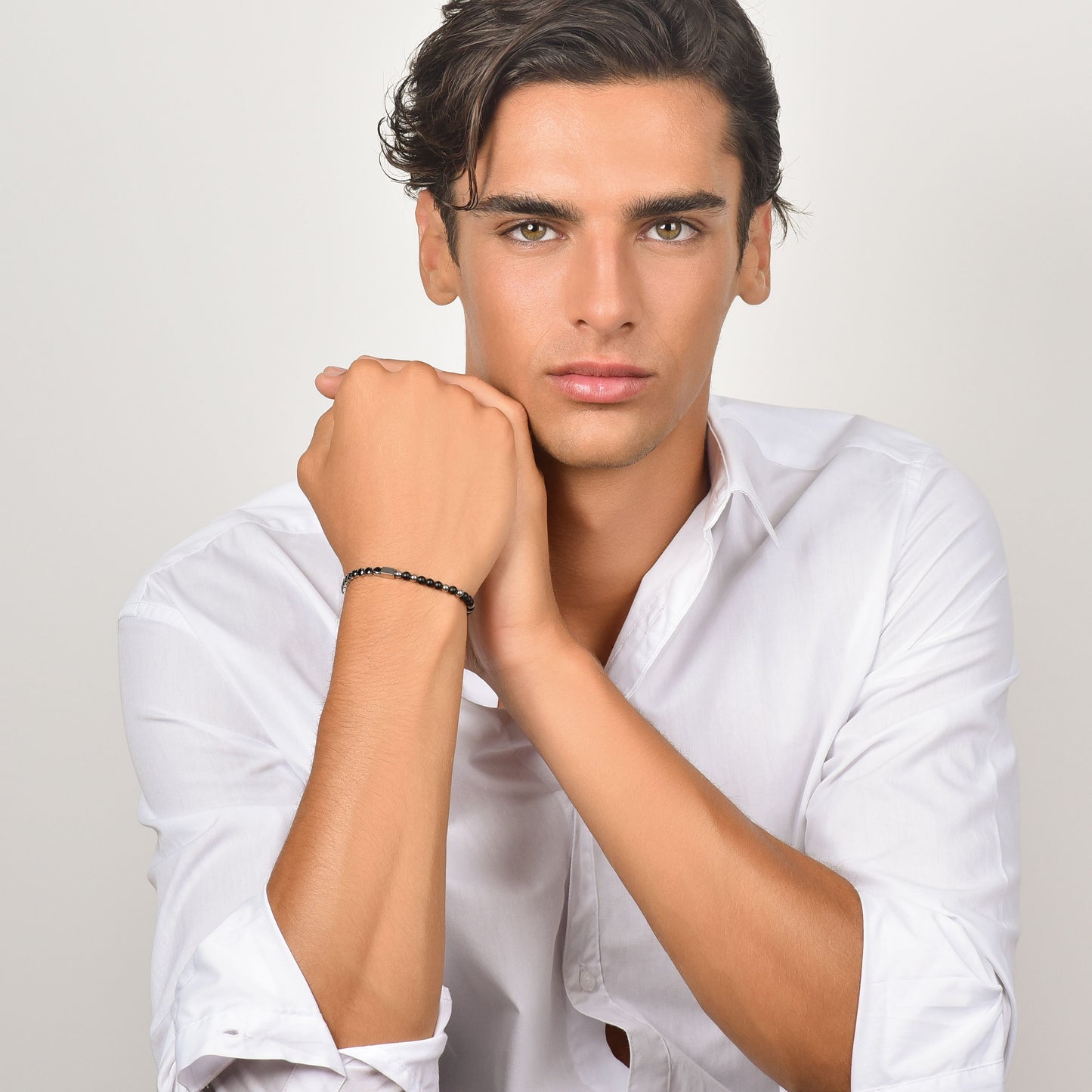 BRACCIALE UOMO IN ACCIAIO CON CRISTALLI NERI E PIETRE NERE