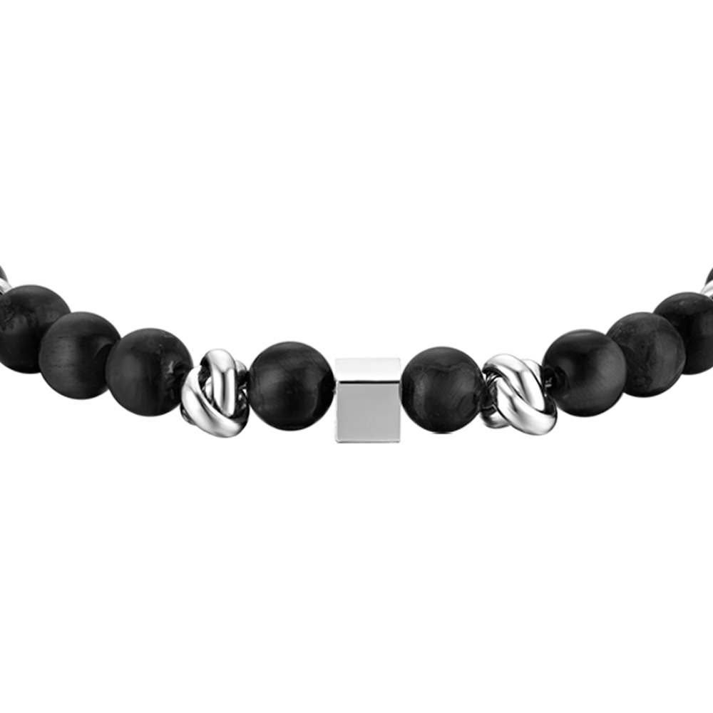 BRACCIALE UOMO IN ACCIAIO CON PIETRE NERE ED ELEMENTI IN ACCIAIO