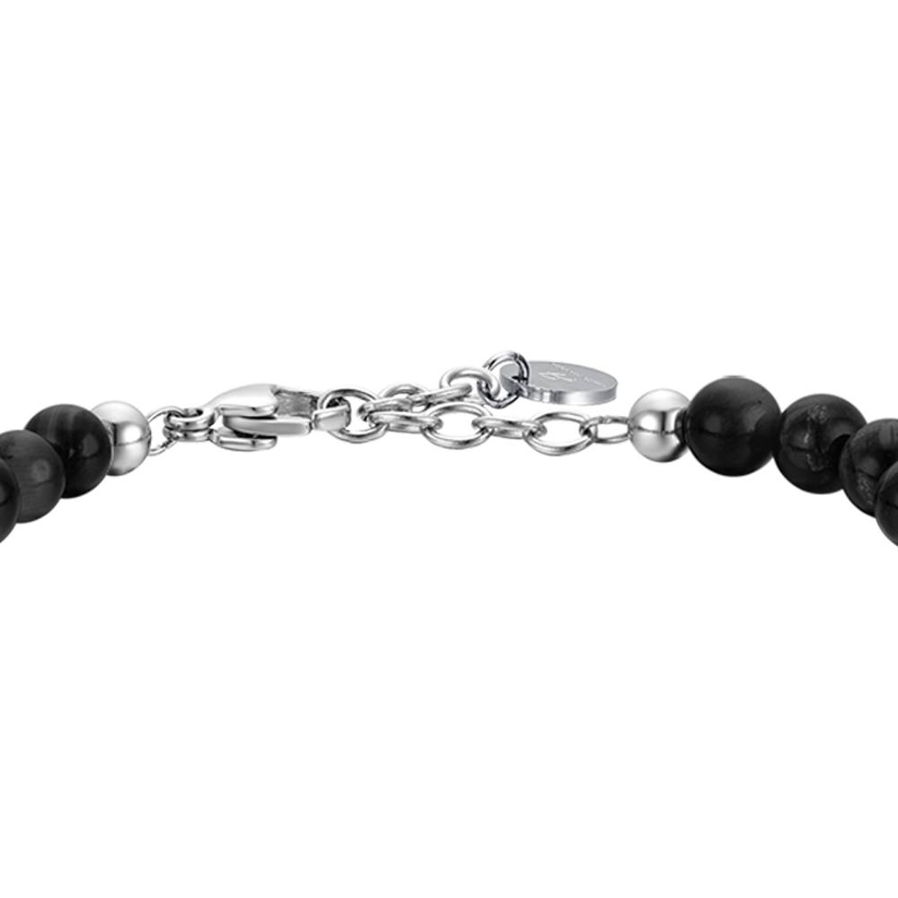 BRACCIALE UOMO IN ACCIAIO CON PIETRE NERE ED ELEMENTI IN ACCIAIO