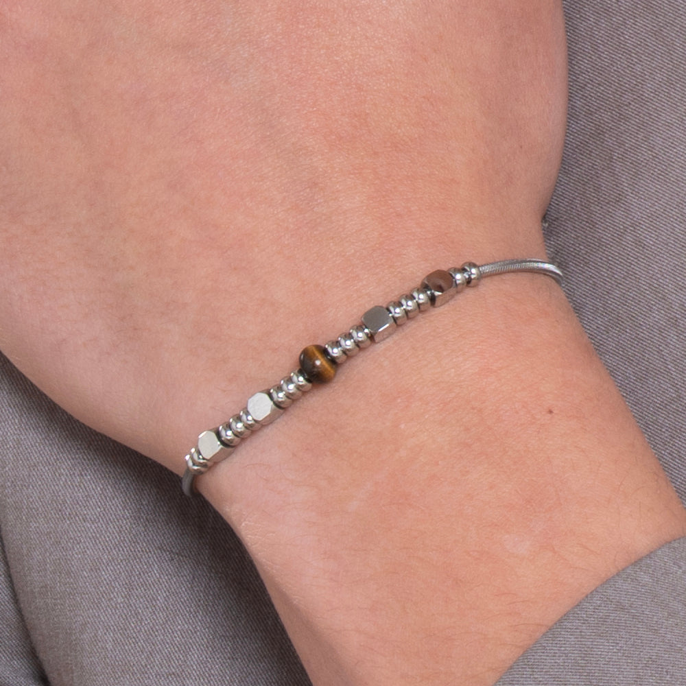 BRACCIALE UOMO IN ACCIAIO CON PIETRE OCCHIO DI TIGRE