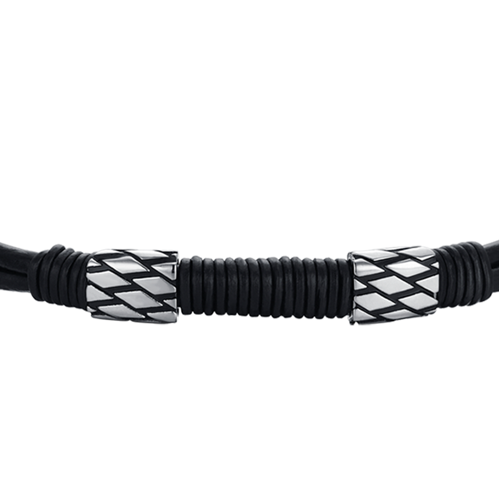 BRACCIALE UOMO IN CUOIO NERO CON ELEMENTI IN ACCIAIO