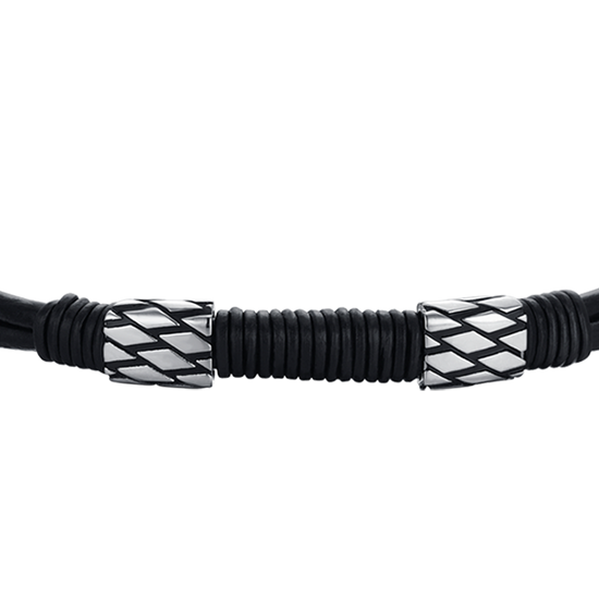 BRACCIALE UOMO IN CUOIO NERO CON ELEMENTI IN ACCIAIO
