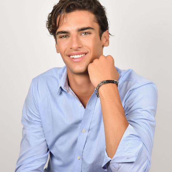 BRACCIALE UOMO IN ACCIAIO CON ELEMENTO IN CUOIO NERO