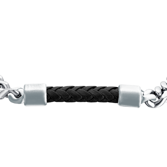 BRACCIALE UOMO IN ACCIAIO CON ELEMENTO IN CUOIO NERO