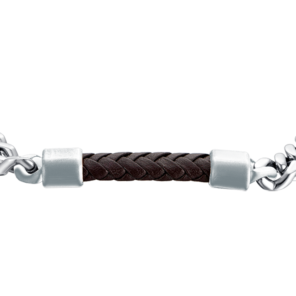 BRACCIALE UOMO IN ACCIAIO CON ELEMENTO IN CUOIO MARRONE