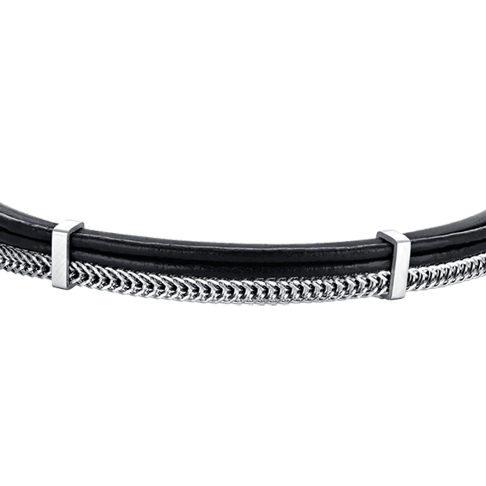 BRACCIALE UOMO IN CUOIO NERO CON ELEMENTI IN ACCIAIO