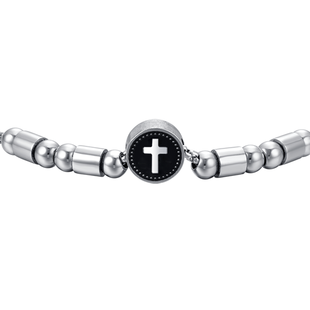 BRACCIALE UOMO IN ACCIAIO ELEMENTO CON CROCE SILVER E SMALTO NERO Luca Barra