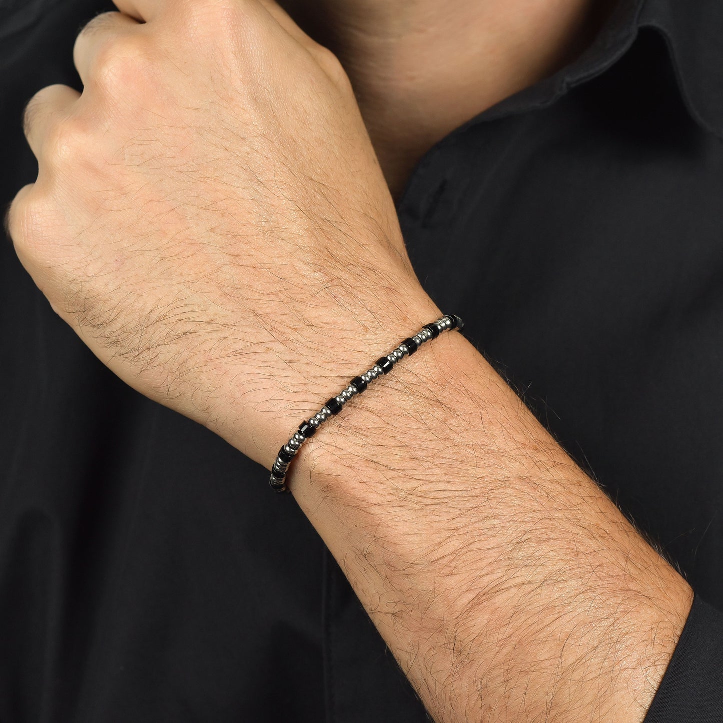 Luca Barra Bracciale Uomo Collezione Summer – Elastico Con Pietre Nere E Bianche E Acciaio – Lunghezza 19 Cm