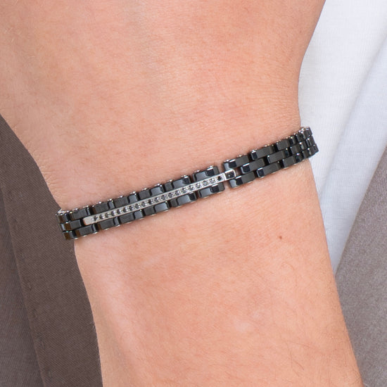 BRACCIALE UOMO IN ACCIAIO E CERAMICA NERA CON CRISTALLI NERI