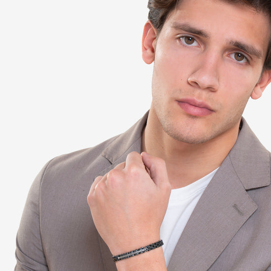 BRACCIALE UOMO IN ACCIAIO E CERAMICA NERA CON CRISTALLI NERI