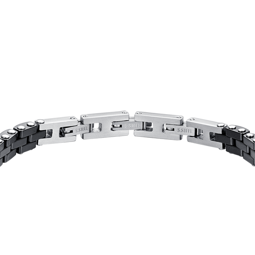 BRACCIALE UOMO IN ACCIAIO E CERAMICA NERA CON CRISTALLI NERI
