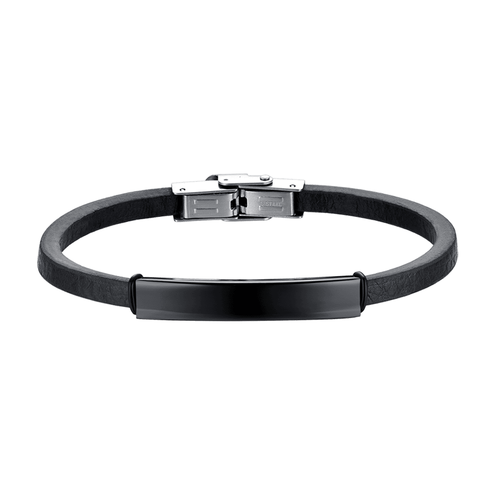 BRACCIALE UOMO IN CUOIO CON PIASTRA IN ACCIAIO IP NERO Luca Barra