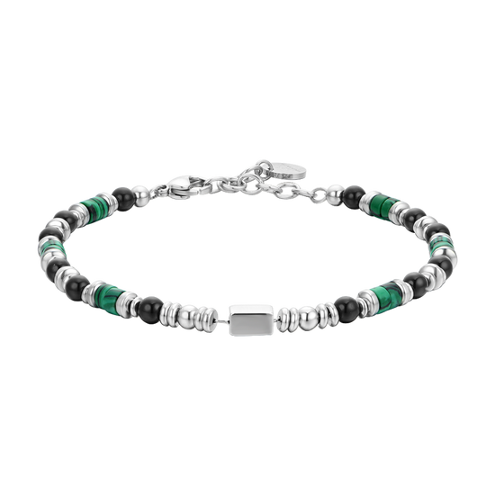 BRACCIALE UOMO IN ACCIAIO CON AGATA NERA E MALACHITE VERDE