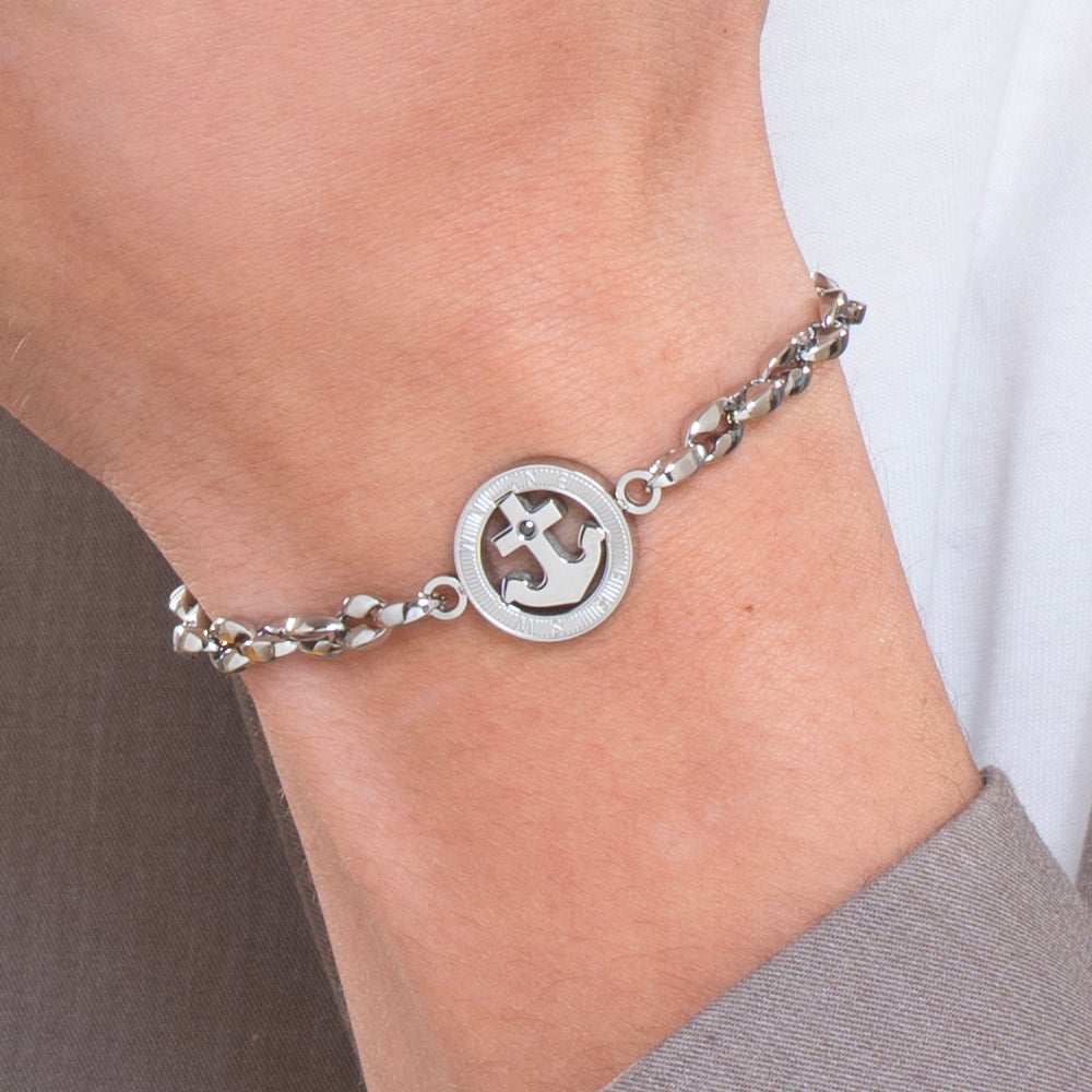 BRACCIALE UOMO IN ACCIAIO ANCORA E CRISTALLO NERO