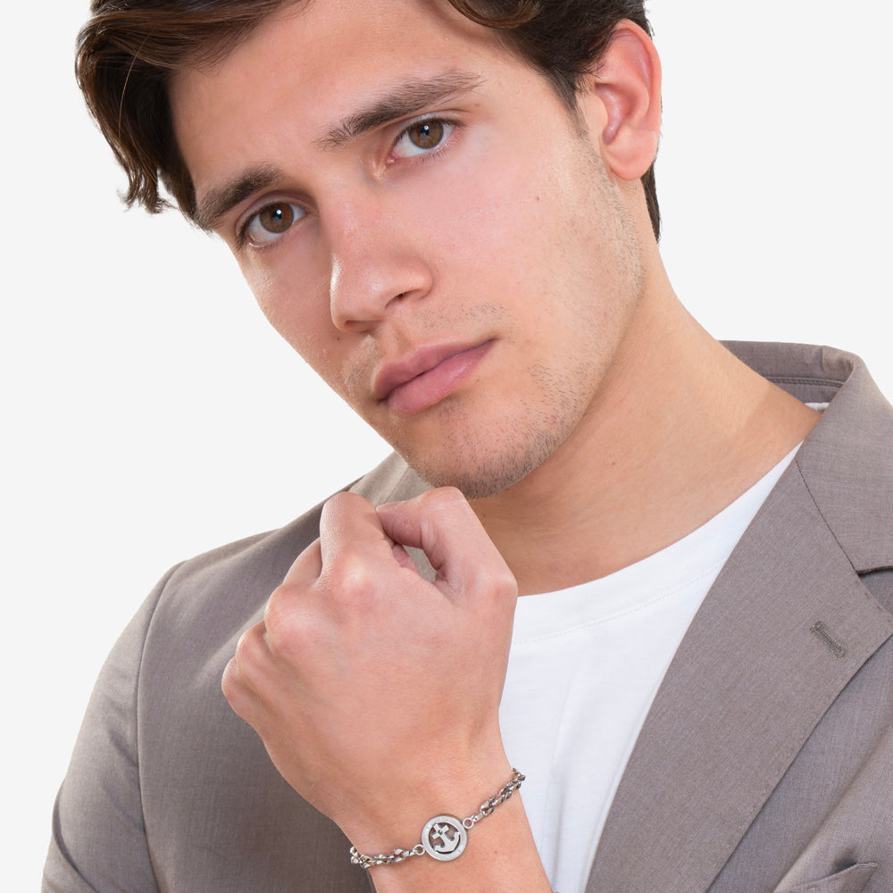 BRACCIALE UOMO IN ACCIAIO ANCORA E CRISTALLO NERO