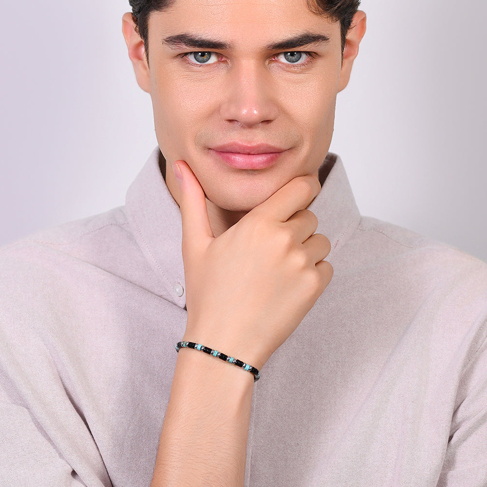 BRACCIALE UOMO IN ACCIAIO PIETRE AGATA E TURCHESI