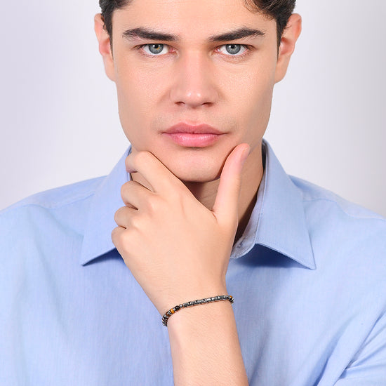 BRACCIALE UOMO IN ACCIAIO PIETRE OCCHIO DI TIGRE