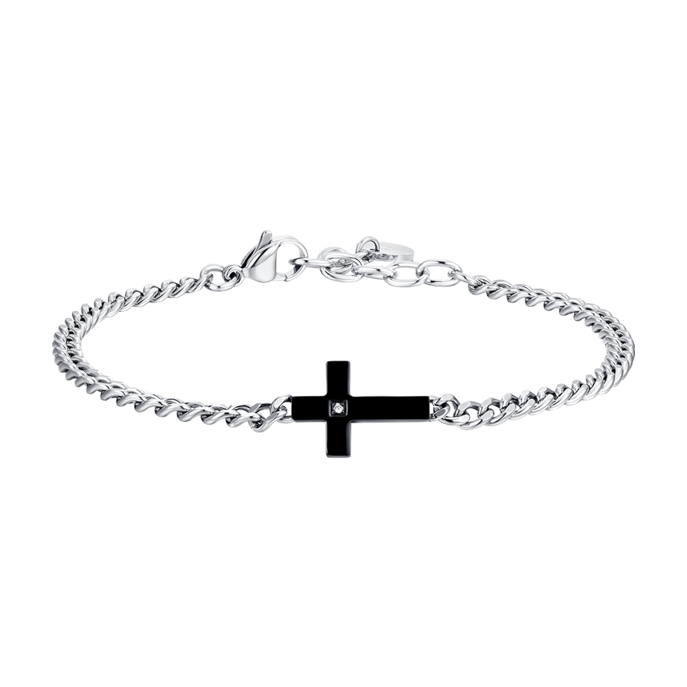 Bracciale Uomo In Acciaio Inox Nero Con Croce E Crocifisso - Regalo Religioso Cristiano, Ipoallergenico, 20 Cm X 16 Mm