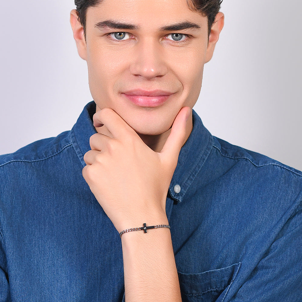 PULSERA ACERO IP CRUZ NEGRA Y CIRCONITAS BLANCAS