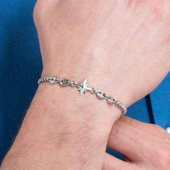 BRACCIALE UOMO IN ACCIAIO CON ROSA DEI VENTI ED ELEMENTI IN ACCIAIO