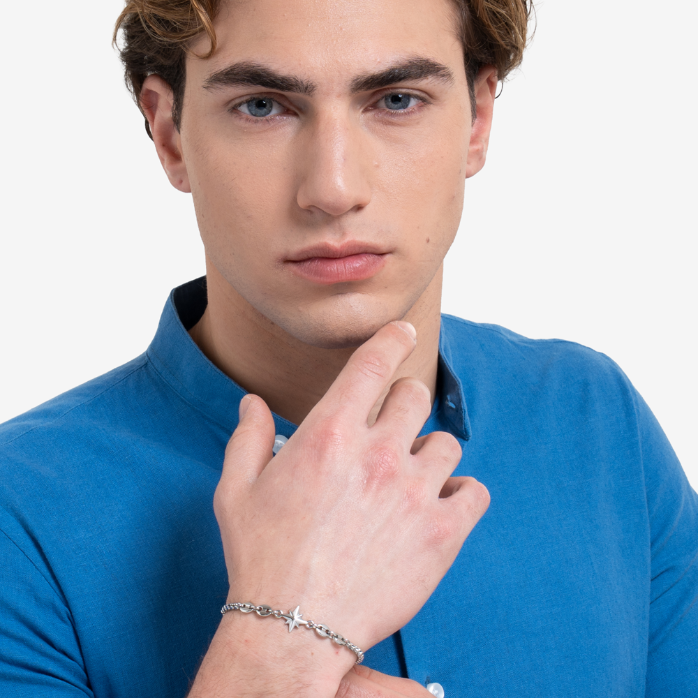 BRACCIALE UOMO IN ACCIAIO CON ROSA DEI VENTI ED ELEMENTI IN ACCIAIO