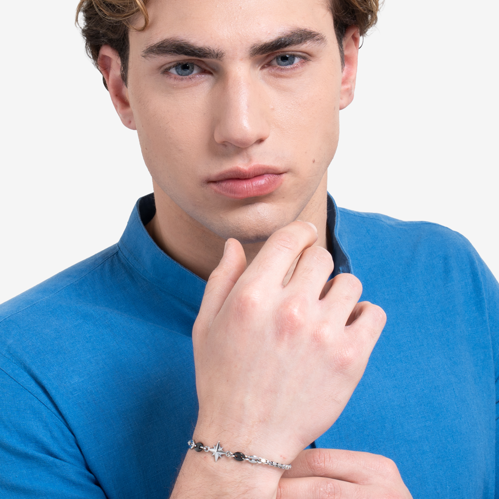 BRACCIALE UOMO IN ACCIAIO CON ROSA DEI VENTI ED ELEMENTI IN ACCIAIO IP NERO