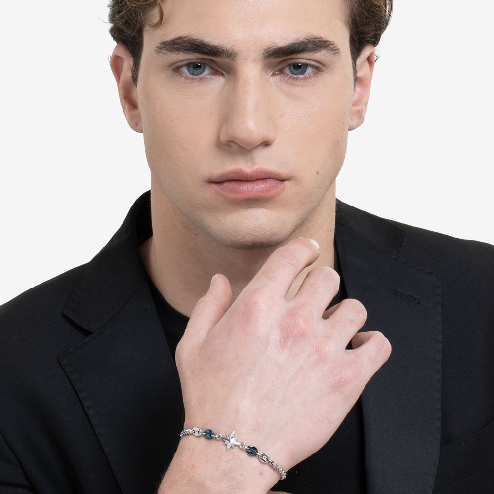 BRACCIALE UOMO IN ACCIAIO CON ROSA DEI VENTI ED ELEMENTI IN ACCIAIO IP BLU