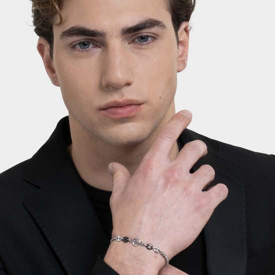 BRACCIALE UOMO IN ACCIAIO CON ANCORA ED ELEMENTI IN ACCIAIO IP NERO