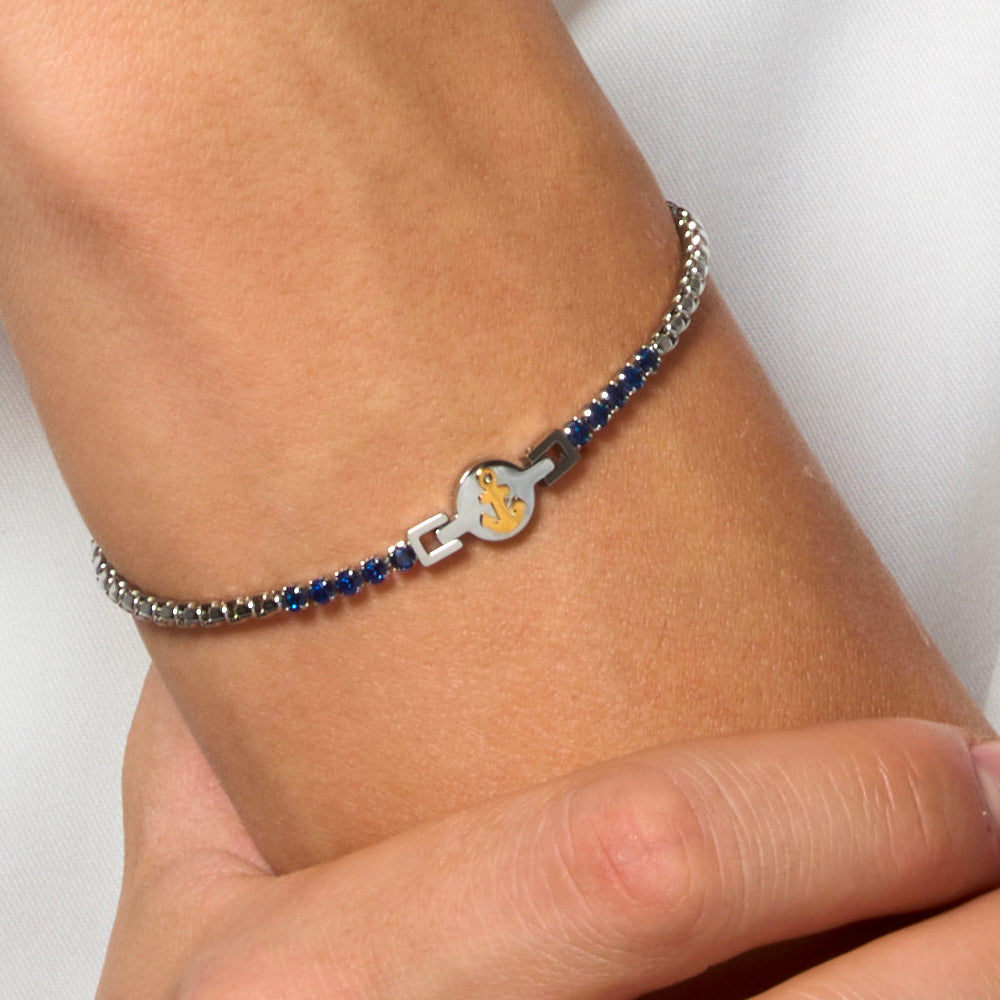 BRACCIALE TENNIS UOMO IN ACCIAIO CON ANCORA IP ROSE E ZIRCONI BLU