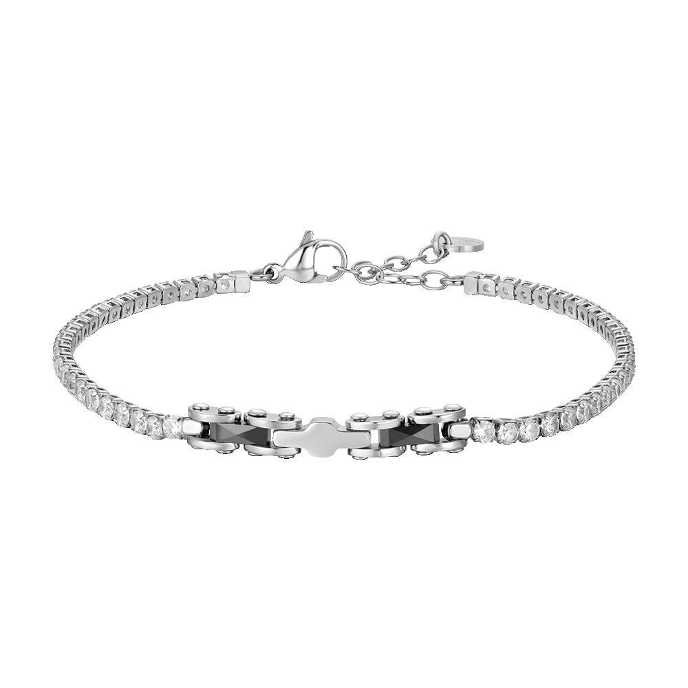 BRACCIALE TENNIS UOMO IN ACCIAIO CON CERAMICA NERA E ZIRCONI BIANCHI