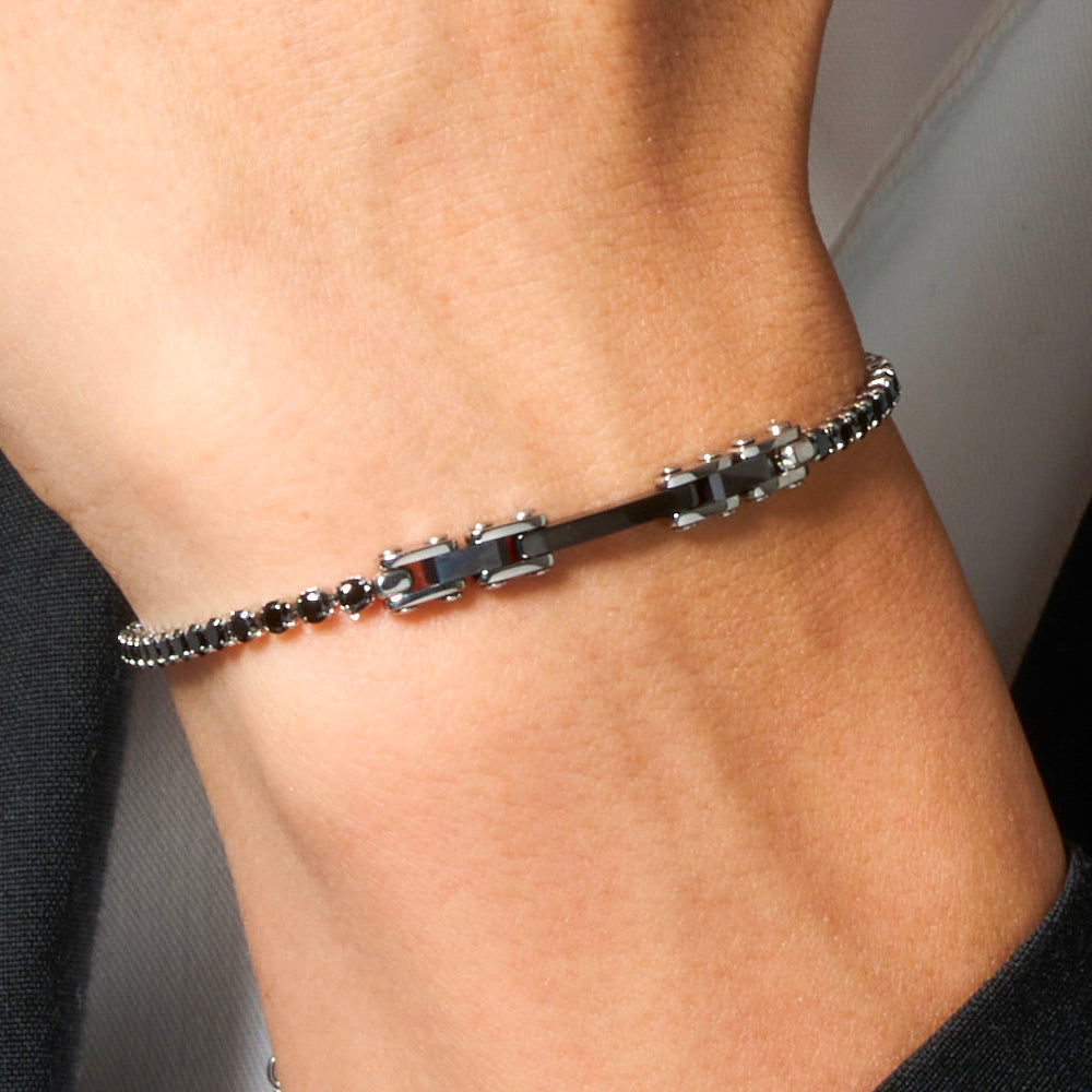 BRACCIALE TENNIS UOMO IN ACCIAIO CON CERAMICA NERA E ZIRCONI NERI