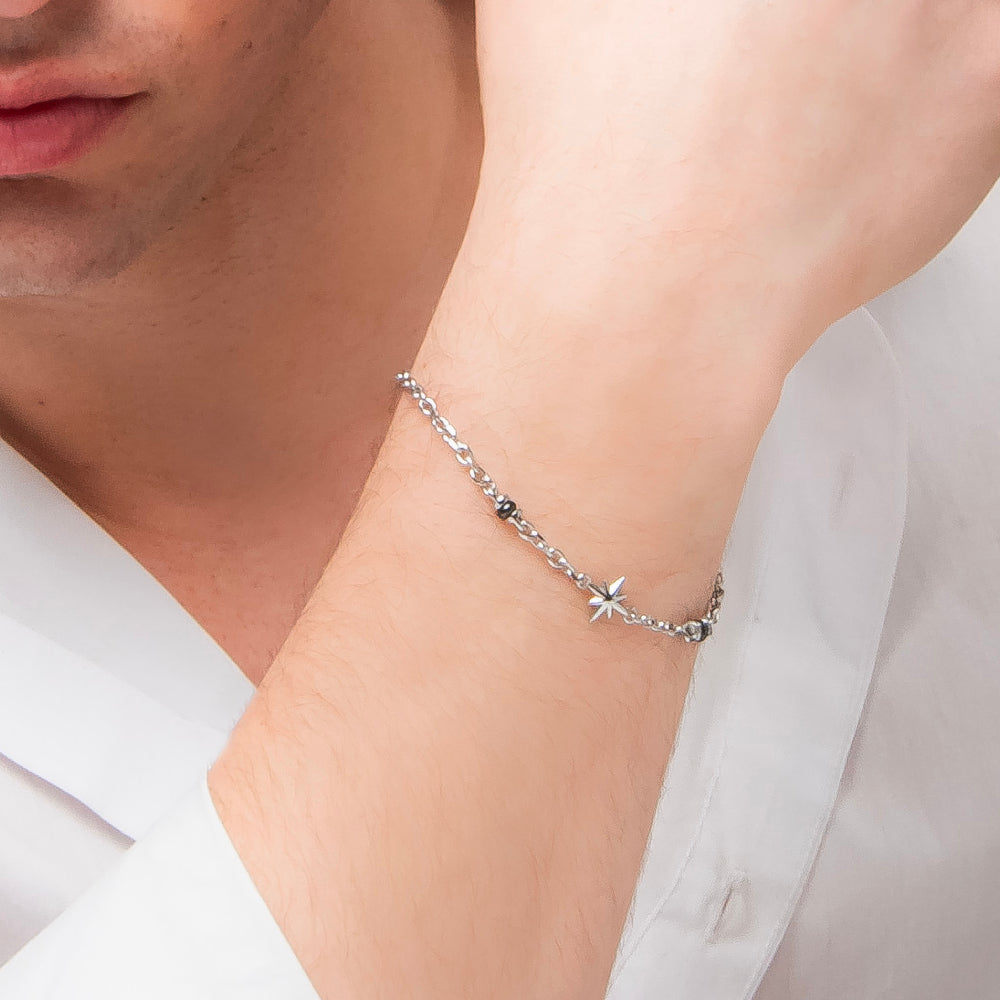 BRACCIALE UOMO IN ACCIAIO CON ROSA DEI VENTI ED ELEMENTI IN IP NERO