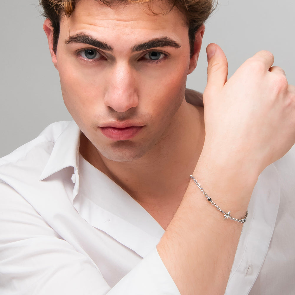 BRACCIALE UOMO IN ACCIAIO CON ROSA DEI VENTI ED ELEMENTI IN IP NERO