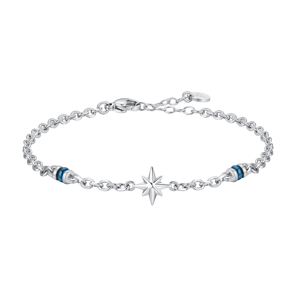 BRACCIALE UOMO IN ACCIAIO CON ROSA DEI VENTI ED ELEMENTI IN IP BLU
