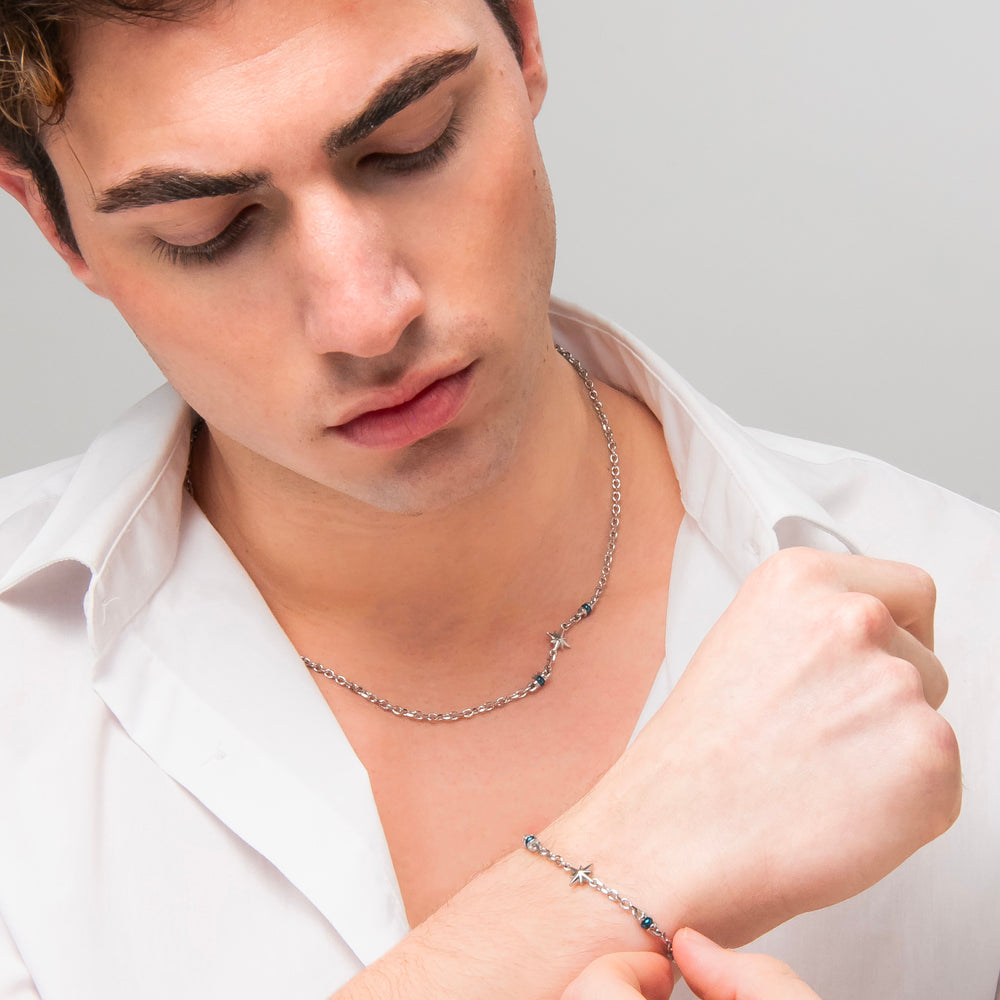 BRACCIALE UOMO IN ACCIAIO CON ROSA DEI VENTI ED ELEMENTI IN IP BLU