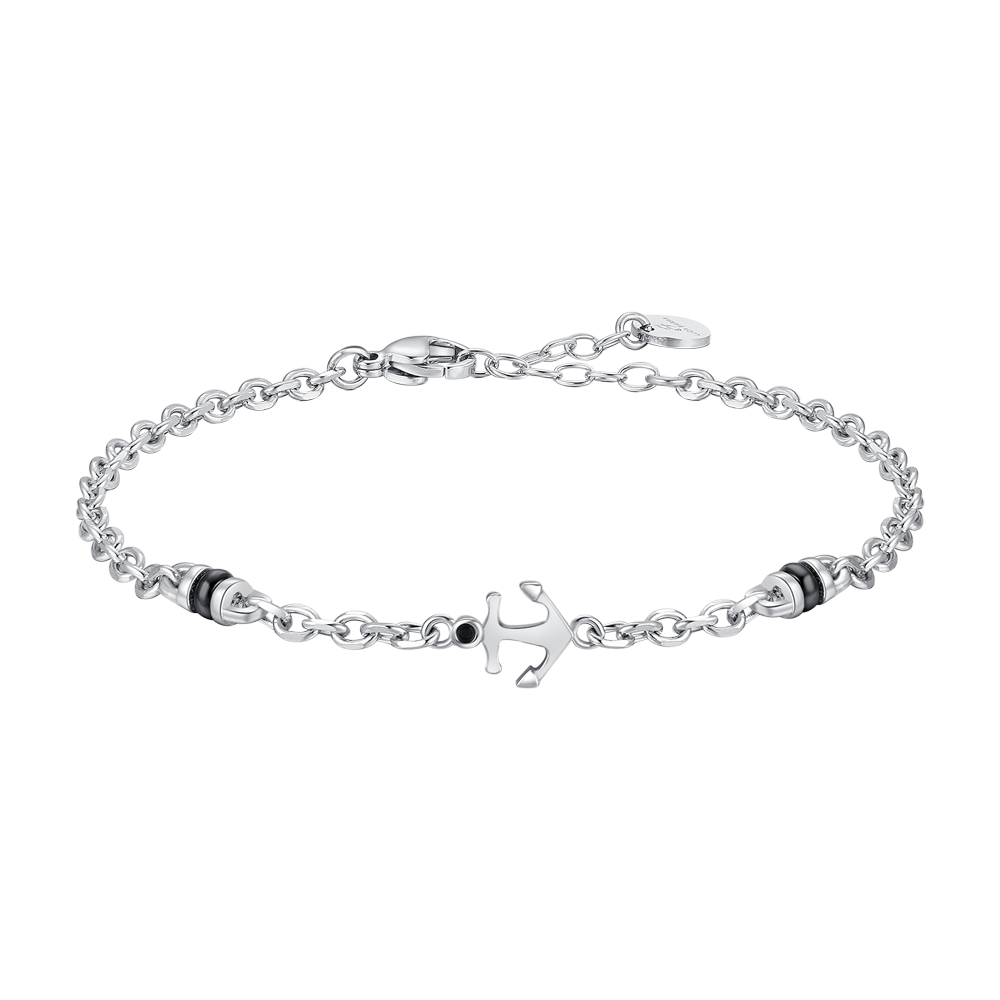 BRACCIALE UOMO IN ACCIAIO CON ANCORA, ZIRCONE NERO ED ELEMENTO IN IP NERO